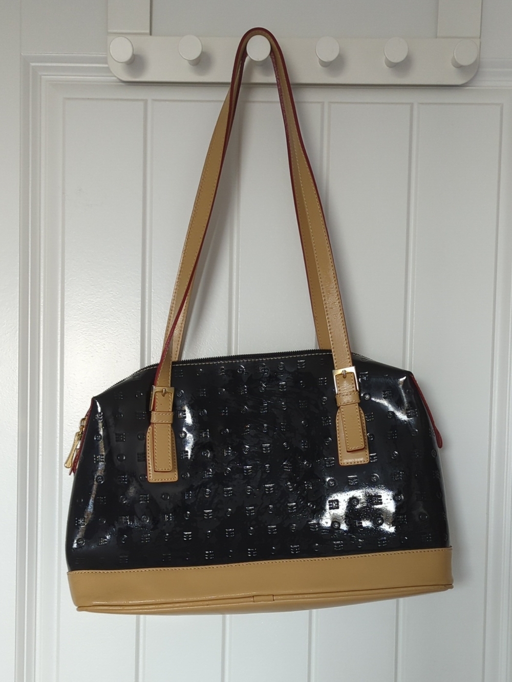 Black Patent and Tan Leather-Trim Shoulder Bag